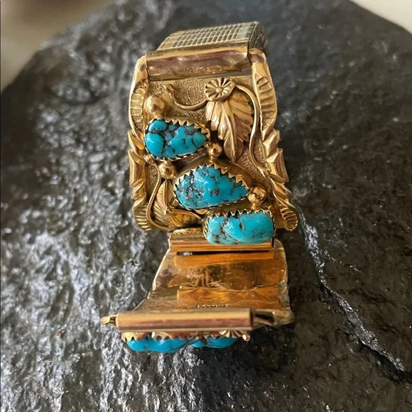 Gold 14K Native American Turquoise Vintage Watch Tips signed Walley - Picture 12 of 15